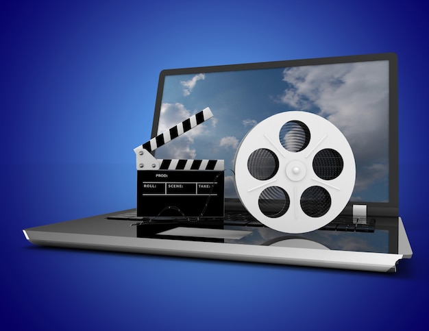 Laptop with film reel . 3d illustration