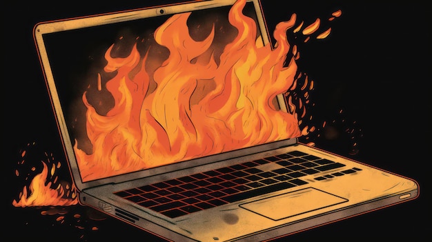 A laptop with a fire on the screen