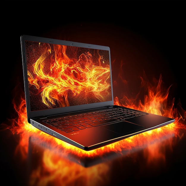 A laptop with flames on it that is on fire