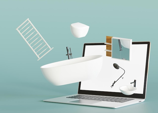 Фото Ноутбук с летающими деталями ванной комнаты и сантехникой покупки в интернете продажа мебели или концепция интерьера ванной комнаты купить ванну, умывальник, туалет через интернет электронная коммерция 3d-рендеринг
