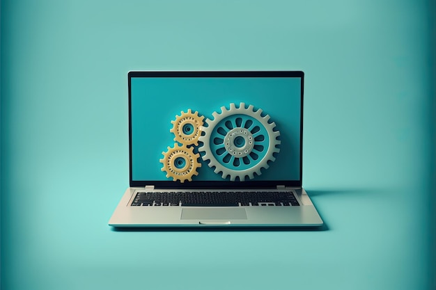 Photo laptop with gears on screen, blue background. generative ai