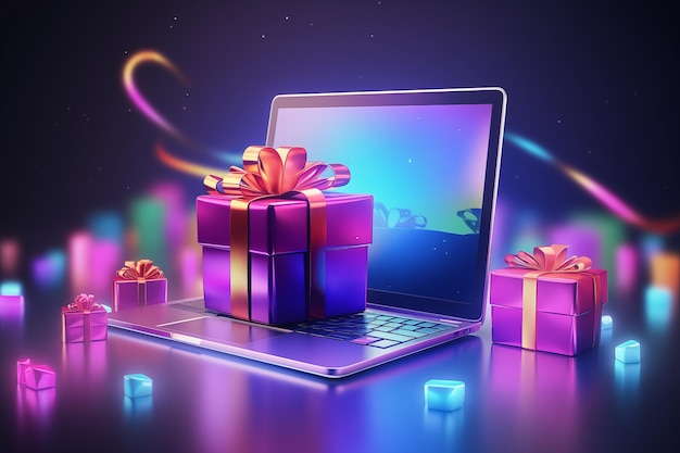 Photo laptop with gift boxes concept of online shopping