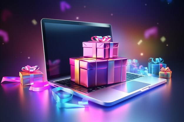 Photo laptop with gift boxes concept of online shopping