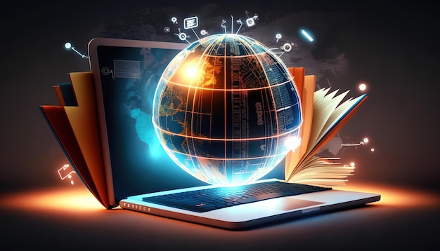 A laptop with a globe on it and a book on the screen
