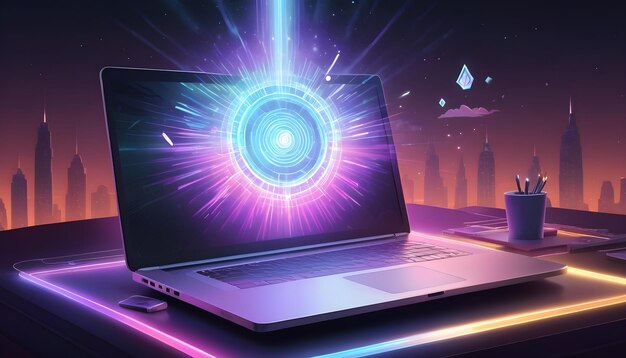 a laptop with a glowing aura radiating prosperity as money streams out of its screen