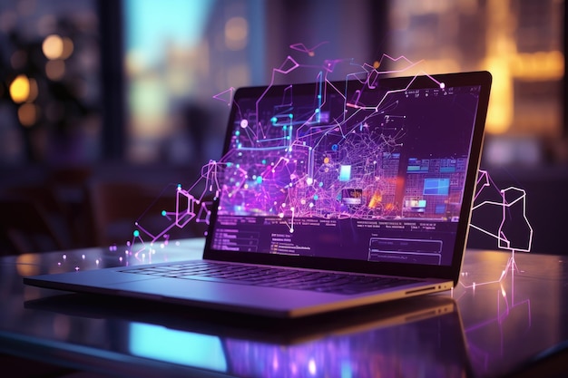 Laptop with glowing hologram screen on table in dark office 3D rendering