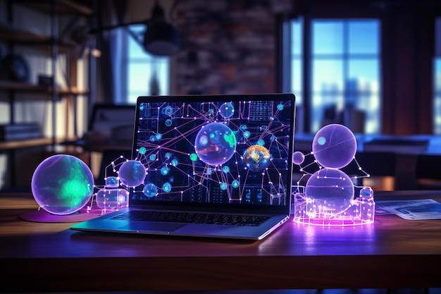 Laptop with glowing social network interface on table 3d rendering