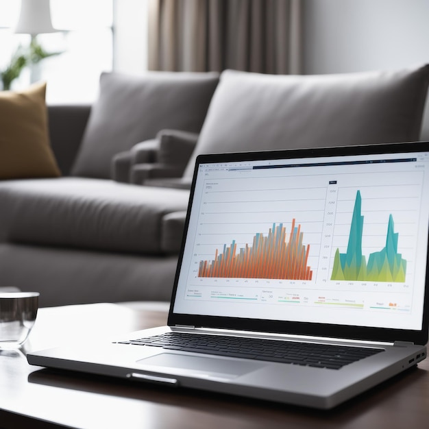 laptop with graph on table in office laptop with graph on table in office