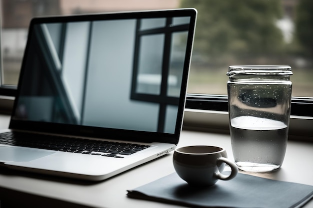 A laptop with a gray screen and a translucent mug of water on a window background