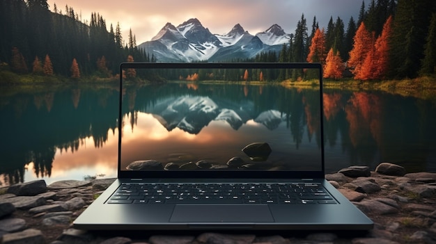 A laptop with a landscape on the screen and a lake on the screen