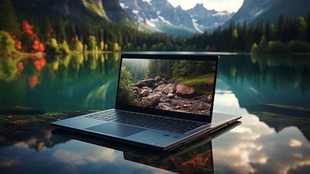 A laptop with a landscape on the screen and a lake on the screen