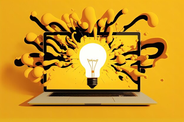 Laptop with light bulb and brainstorm coming out of the screen on yellow background ai