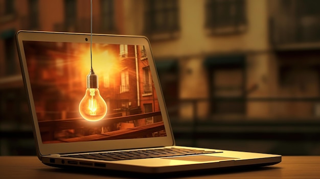 Foto computer portatile con una lampadina su un tavolo di legno la sera ai generativa