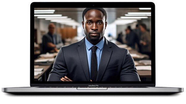 a laptop with a man on the screen and the words " at the bottom. "