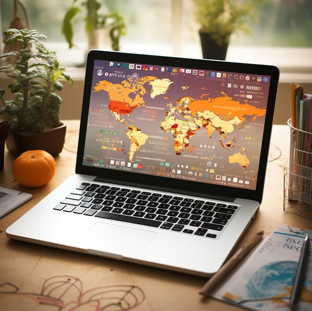 Foto un laptop con una mappa sullo schermo e la parola mondo sullo schermo.