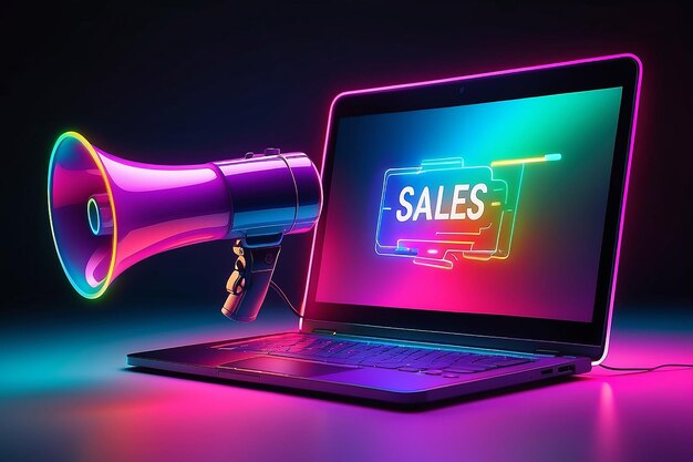 Foto laptop con sfondo di megafono con luci al neon colorate vendite e marketing