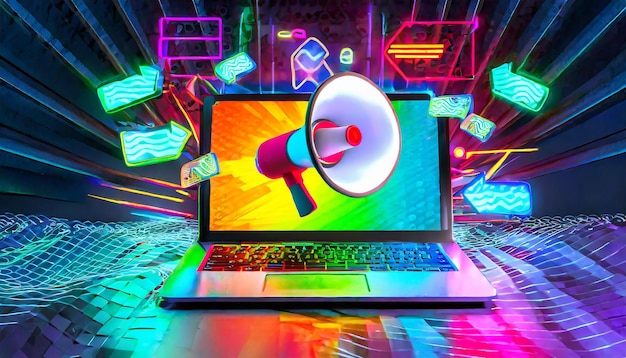 Laptop with megaphone background with colorful neon lights sales and marketing