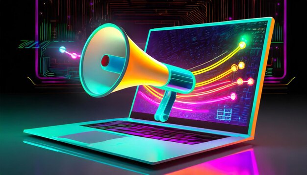 Photo laptop with megaphone background with colorful neon lights sales and marketing