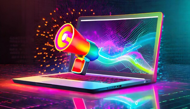 Photo laptop with megaphone background with colorful neon lights sales and marketing