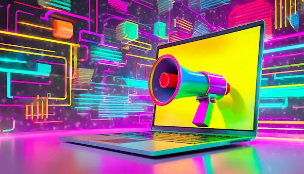 Laptop with megaphone background with colorful neon lights sales and marketing