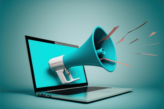 Laptop with megaphone coming out of the screen marketing concept blue background AI