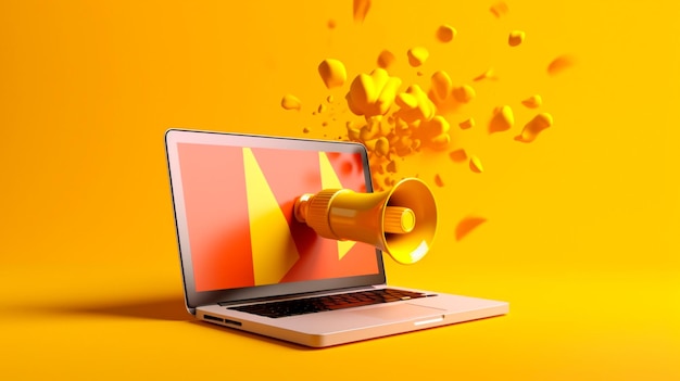 Фото Ноутбук с мегафоном на экране маркетинговая концепция желтый фон генерирующая иллюстрация ии