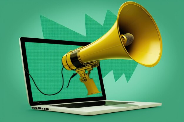 Laptop with megaphone on screen marketing concept green background AI