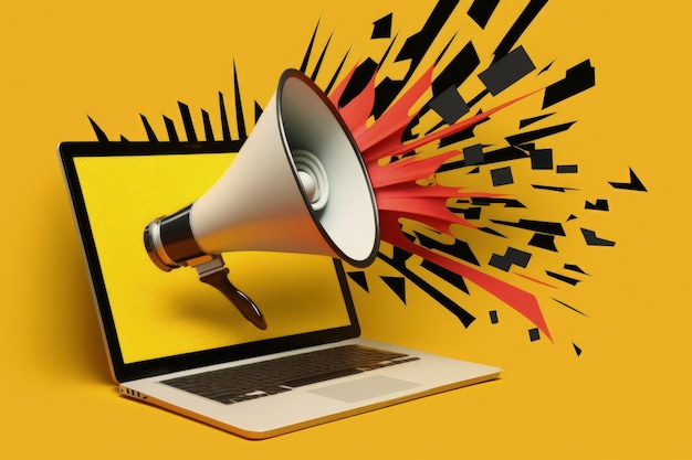 Laptop with megaphone on screen marketing concept yellow background AI