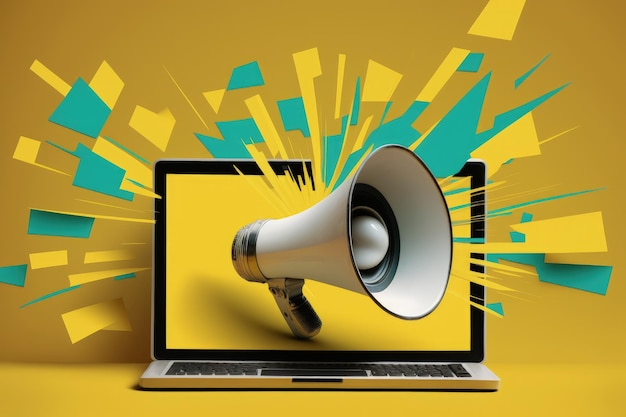 Laptop with megaphone on screen marketing concept yellow background AI