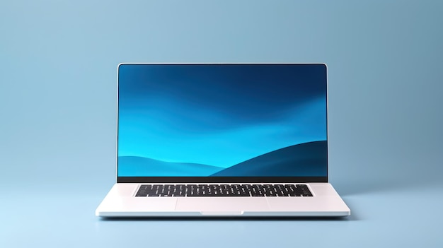 Laptop with mockup white blank screen isolated on blue background with copy space
