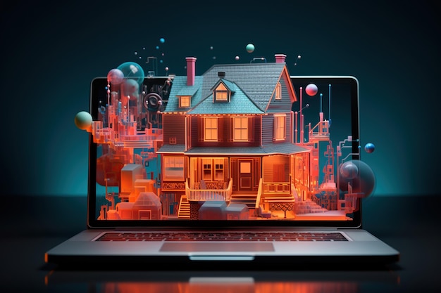 Laptop with modern houses on it concept of housing search online realtor rent housing market homebuyer real estate technology AI generative