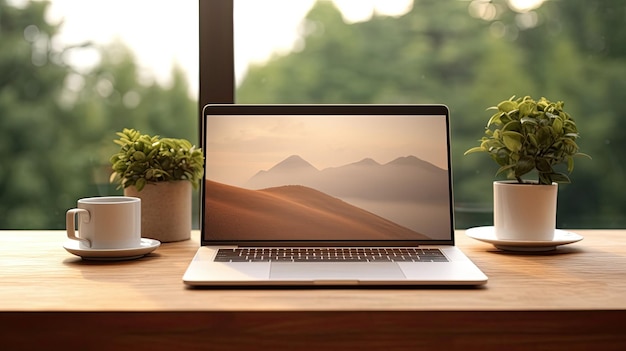 a laptop with a mountain landscape on the screen