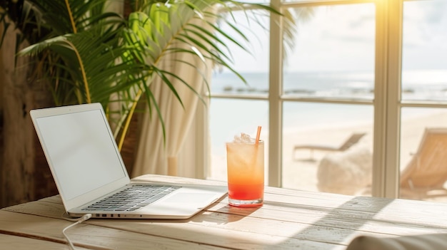 Foto un portatile con un mouse su una scrivania di legno accanto a una bevanda rinfrescante con vista su una spiaggia soleggiata che suggerisce lavoro remoto o relax in vacanza