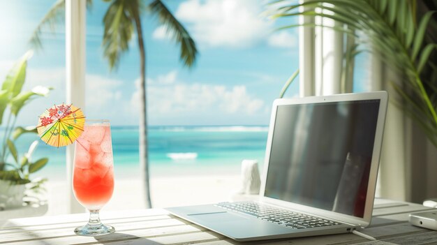 A laptop with a mouse on a wooden desk beside a refreshing drink overlooking a sunny beach suggesting remote work or vacation relaxation