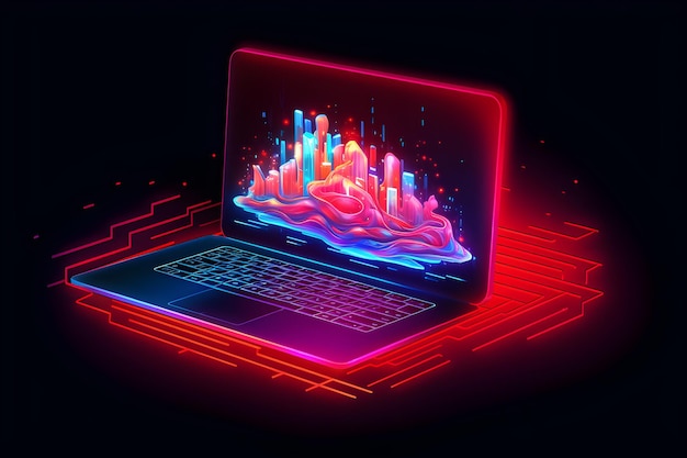 A laptop with a neon display that says'cyberpunk'on it