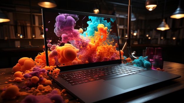 Foto un laptop con un taccuino e un taccuino con una pagina colorata che dice 