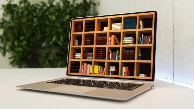 Computer portatile con rendering 3d realistico in profondità di campo della libreria online