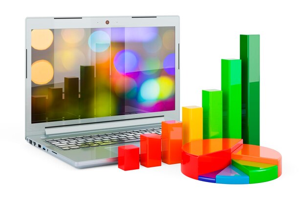 Laptop with opened display with growth bar graph and pie chart 3D rendering isolated on white background