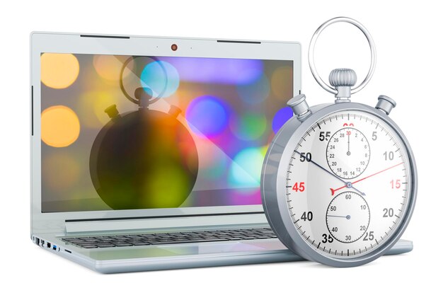 Laptop with opened display with stopwatch 3D rendering isolated on white background