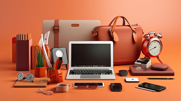 a laptop with a orange bag on the table and a bag with a bag on it