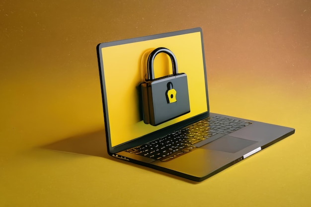 Laptop with padlock on screen safe browsing concept yellow background AI