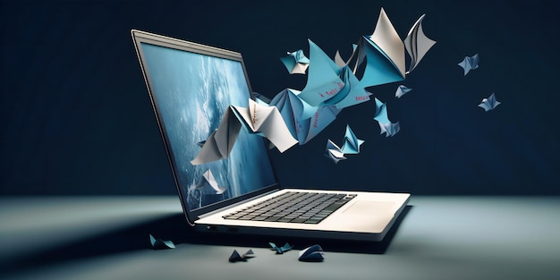 A laptop with paper flying out of it