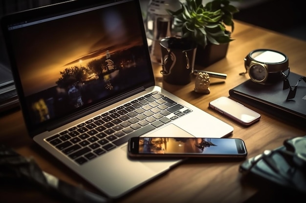 Foto laptop con un telefono sopra e un telefono sul tavolo