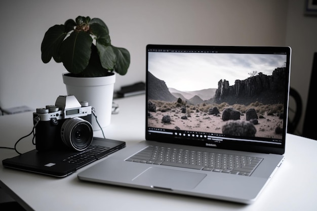 화면에 산과 카메라가 있는 사진이 있는 노트북.