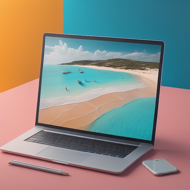 A laptop with a picture of a beach scene on the screen.