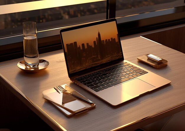 A laptop with a picture of a city on it