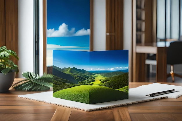 A laptop with a picture of a landscape on the screen.