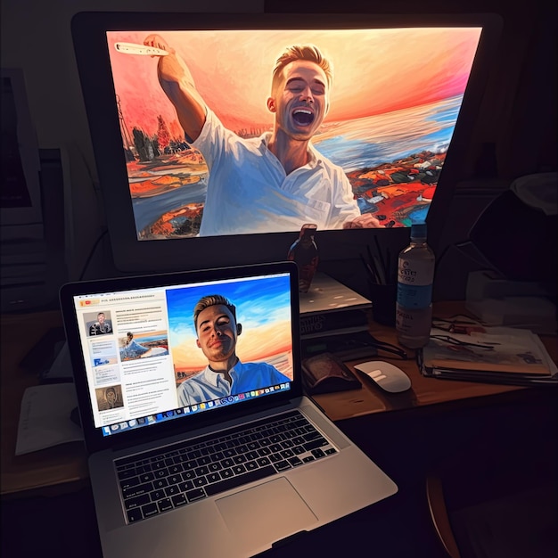 Photo a laptop with a picture of a man on it and the words 