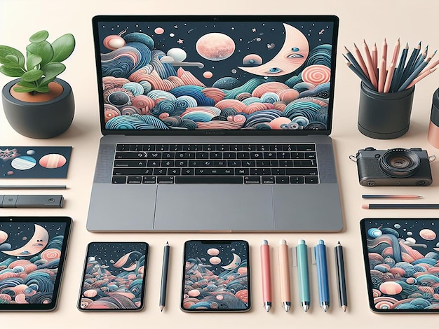 Photo a laptop with a picture of a moon and a pencil on it