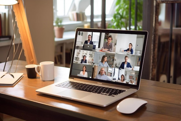 A laptop with a picture of people on the screen